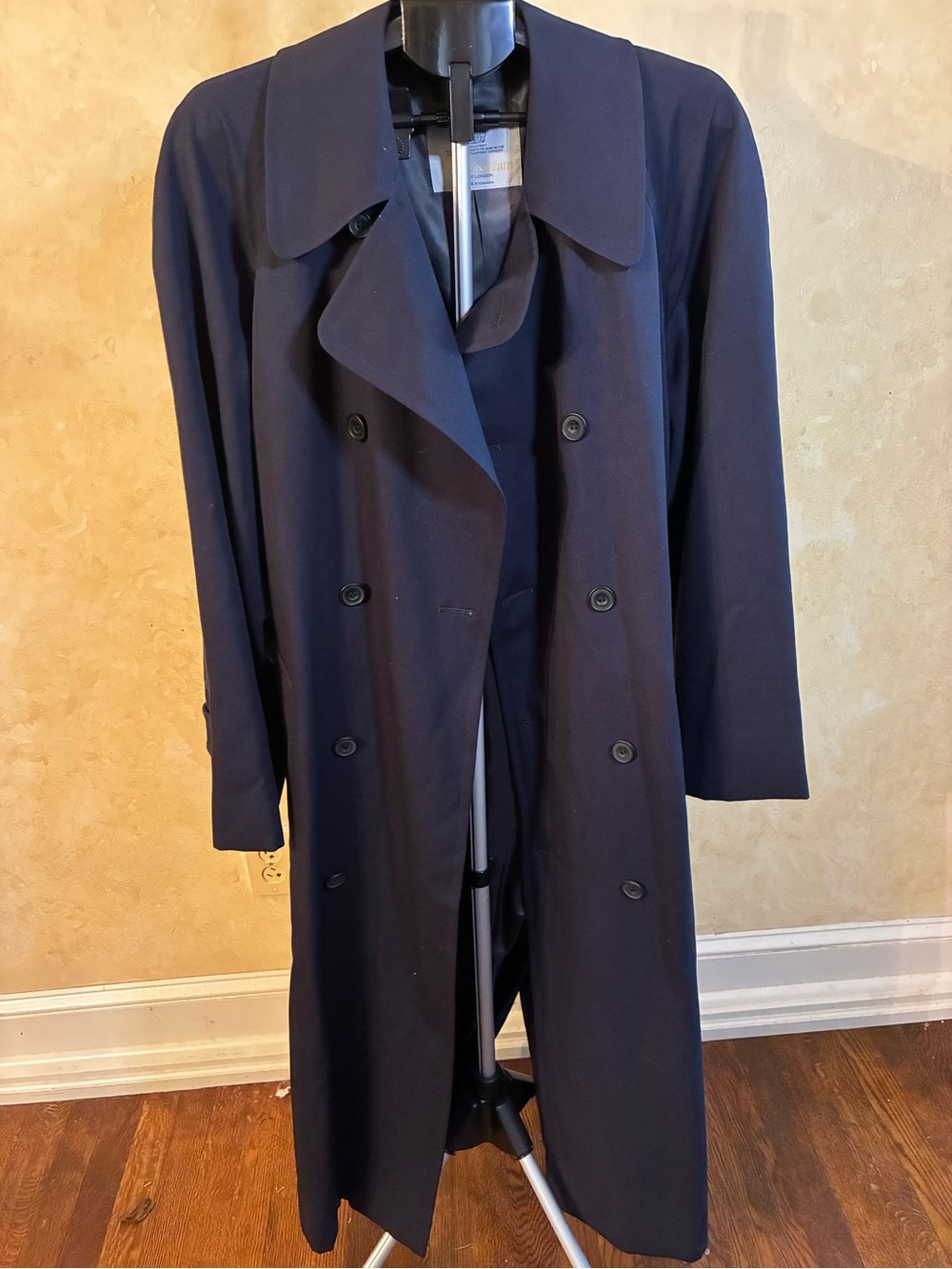 Vintage Aquascutum Double Breasted Long Navy Blue Waterproof Trench Coat